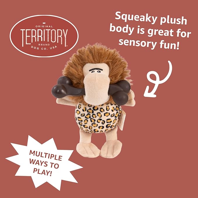 Territory Caveman 2-in-1 Chew Bone Dog Toy – Plush Squeaker & Removable Nylon Bone with Bacon Scent – Interactive Chew, Fetch & Search-and-Find Fun for Dogs – 6” Durable, Recycled Materials