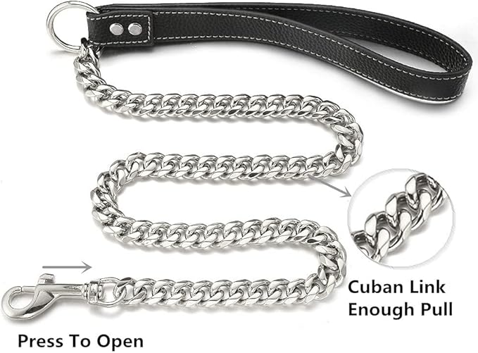 Silver Chain Dog Leash 15MM Solid Chew Proof 316L Stainless Steel Cuban Link Chain with Genuine Leather Handle Training Walking 3FT/4FT/5FT for Small Medium Large Dogs(15mm,5ft)…