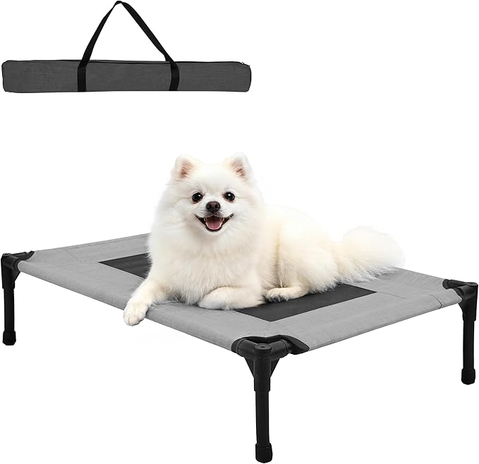 Outdoor Dog Bed, Raised Pet Cot for Medium and Large Dogs, Cooling Breathable Mesh, Durable Sturdy Frame, Washable Cover, Portable and Easy to Assemble Indoor/Outdoor Pet Bed, Grey, S