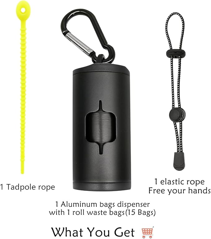 Aluminum Dog Poop Bags Holder with Carabiner Metal Pet Waste Bags Dispenser with Hook and Loop Fastener and Elastic Cord to Carry Used Bags (Black, 1 Holder 15 Bags)