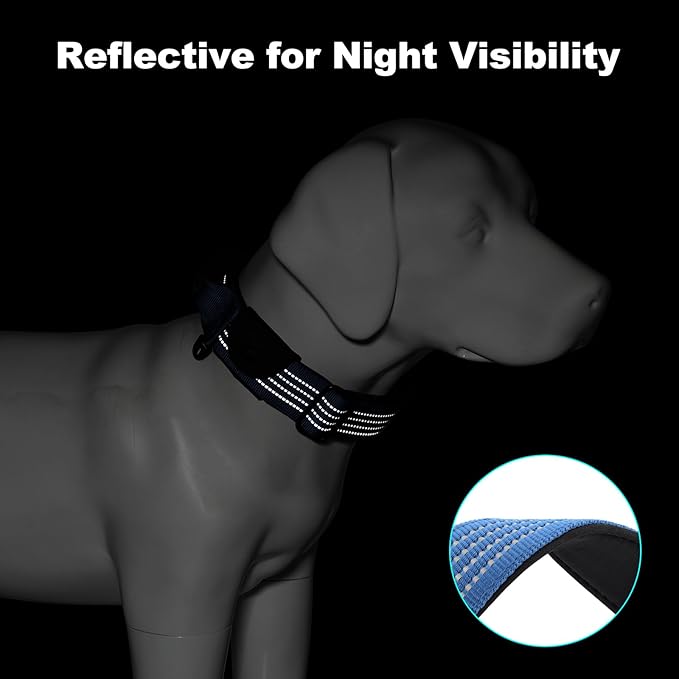 Plutus Pet Tactical Dog Collar with Tracker Pocket for AirTag, Adjustable Reflective Nylon Collar, Metal Buckle, Leather-Wrapped Handle, Soft Padded for Medium Large Dogs (Blue, L)
