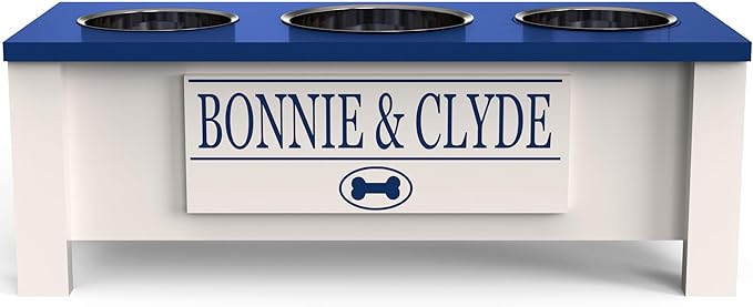GTW Personalized Elevated Triple Dog Bowl Stand for Large, Medium, Small, X-Small Dogs - 3 Stainless Steel Food and Water Bowls - Raised Dog Dish with Internal Storage (Medium, Blue)