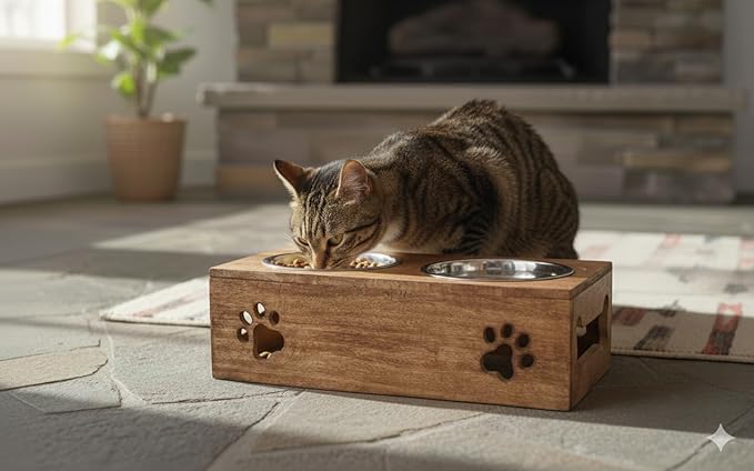 Paw Design Wooden Pet Feeder Station Stand with 2 Stainless Steel Bowls | Raised Dog Bowl Elevated Cat & Puppy Dining Table | 16 x 8.5 x 5 Inches