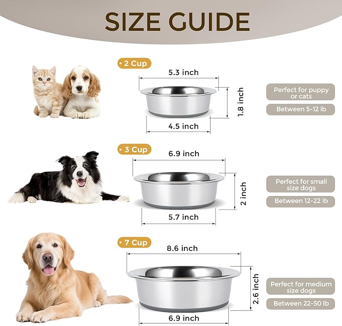 Dog Bowls Durable Heavy Duty Stainless Steel Dog Bowls Non-Slip Basic Bowl for Dogs with Rubber Base (2 Pack, 2 Cups)