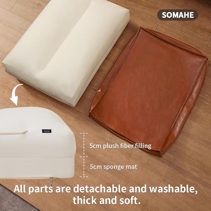 Dog Bed Medium Size Dog Orthopedic Beds for Small Dogs with Removable Washable PU Leather Cover Waterproof Brown 35.4×27.5×4inch
