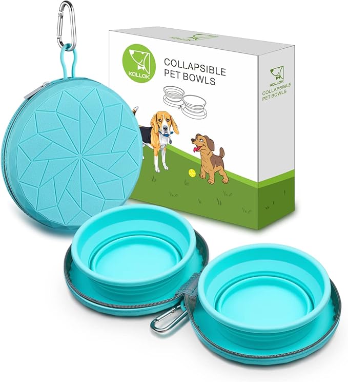 KALLAK Collapsible Silicone Twin Bowls with Zipper Silicone Case, 2 in 1 Portable Travel Dog Feeder, Pop Out Non-Skid Food and Water Bowl with Carabiner Clip