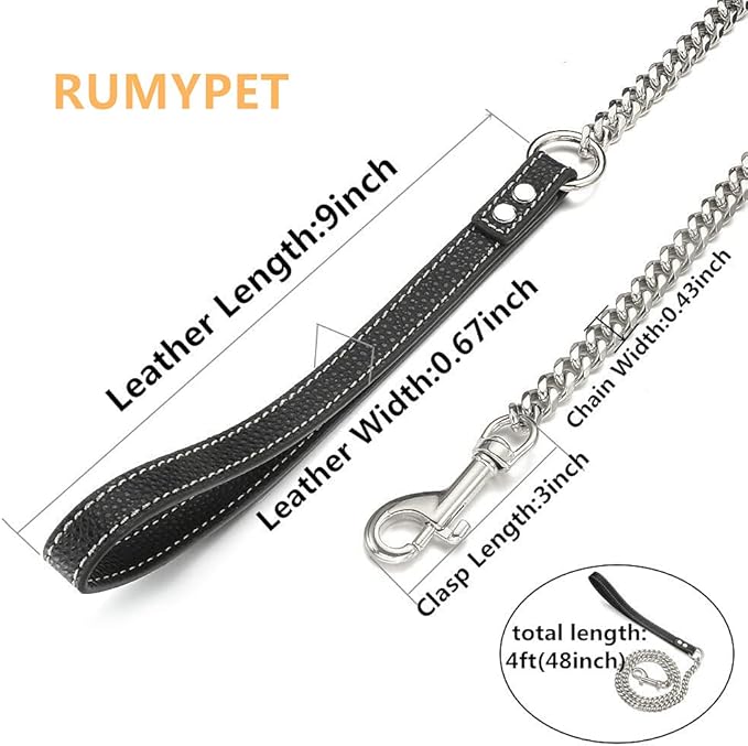 Silver Chain Dog Leash 11MM Solid Chew Proof 316L Stainless Steel Cuban Link Chain with Genuine Leather Handle Training Walking 3FT/4FT/5FT for Small Medium Large Dogs(11mm,4ft)…