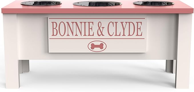GTW Personalized Elevated Triple Dog Bowl Stand for Large, Medium, Small, X-Small Dogs - 3 Stainless Steel Food and Water Bowls - Raised Dog Dish with Internal Storage (Large, Pink)