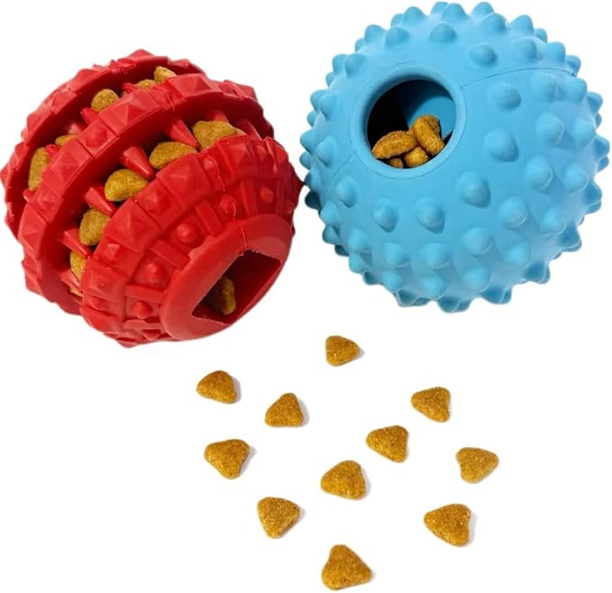 2Pack Interactive Dog Puzzle Toys for Treat Dispensing, Durable Rubber Dog Balls for Teething, Treat Ball for Small/Medium/Large, Slow Feeder/IQ Training Blue-3.14‘’,Red-2.67‘’