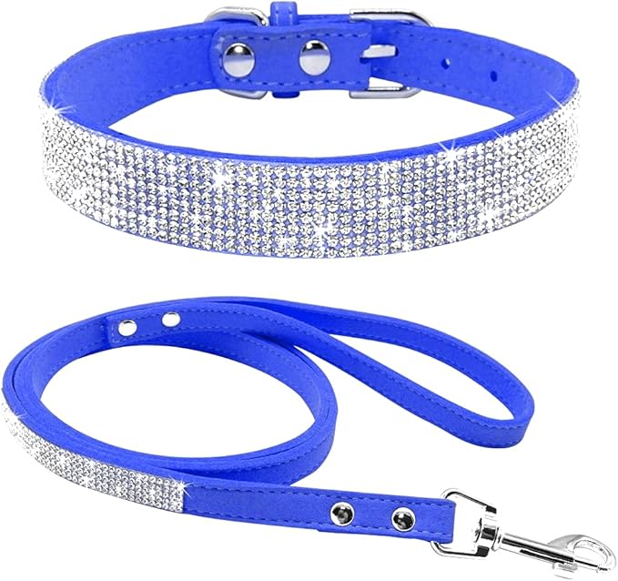 Cute Dazzling Sparkling Elegant Fancy Soft Suede Leather Bling Rhinestone Crystal Jeweled Pet Cat Dog Puppy Collar Dog Leash Combo Set (S(Neck 10-12.5"), Dark Blue)