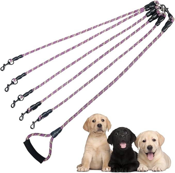 Dual Dog Leash 360° Tangle-Free - Reflective Heavy Duty, Comfortable Handle for Small/Medium/Large Dogs, Support Multiple Rope Addition (Purple 1, Five Leashes)