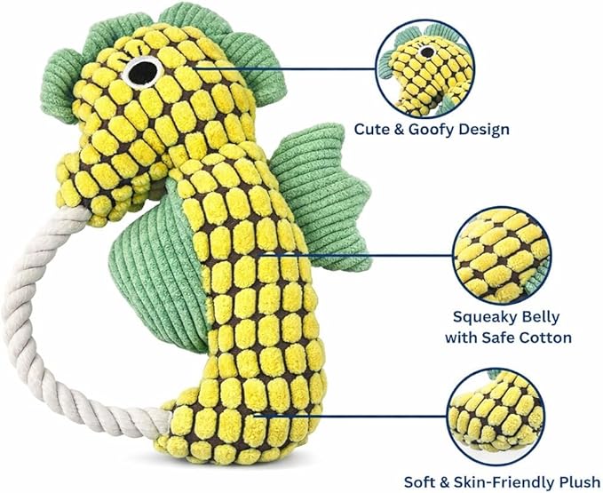 Squeaky Dog Toys for Small Medium Dogs – Adorable Seahorse Plush Rope Chew Toy with Squeaker, Durable Puppy Teething Toy for Interactive Play & Boredom Relief, 9.25 Inches
