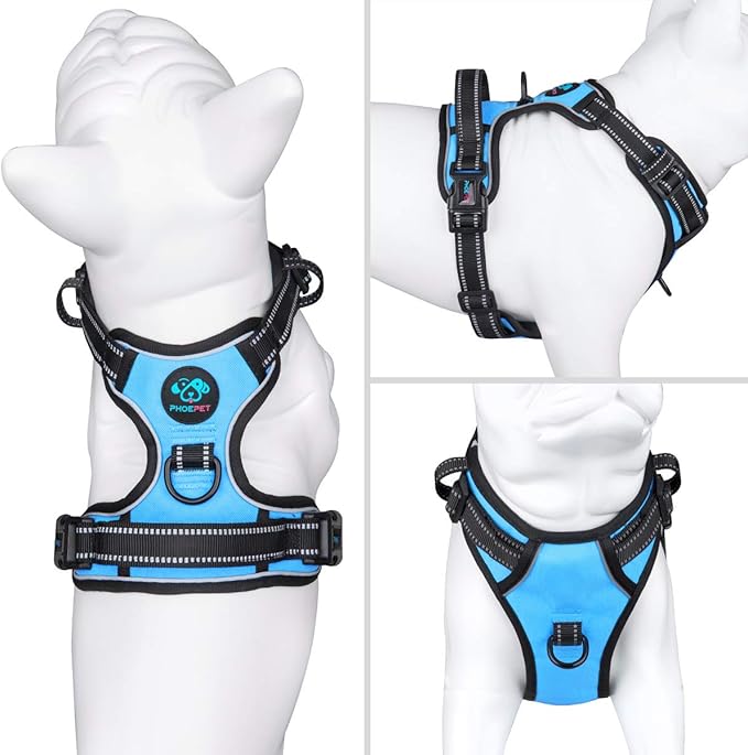 PHOEPET No Pull Dog Harness Medium Reflective Front Clip Puppy Vest with Handle,Adjustable 2 Metal Leash Attachment Hooks(M, Blue)