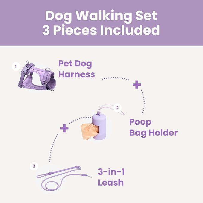 No Pull Dog Harness and Leash Set 3-in-1, Adjustable Anti Pull Dog Puppy Harness with Hands-Free Matching Leash and Poop Bag Holder, Easy Walk Dog Harness Medium, small Sized Dog (Lilac)