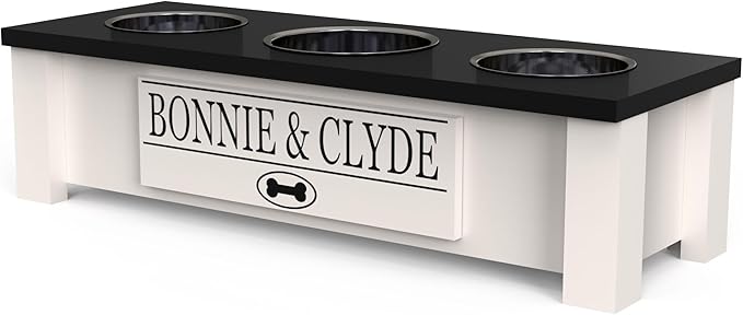 GTW Personalized Elevated Triple Dog Bowl Stand for Large, Medium, Small, X-Small Dogs - 3 Stainless Steel Food and Water Bowls - Raised Dog Dish with Internal Storage (Small, Black)