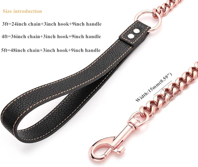 Rose Gold Dog Leash 15mm Cuban Link Chain Dog Leash Durable Stainless Steel Metal with Leather Handle for Small Medium Large Dogs 3FT/4FT/5FT(15mm,3ft)…