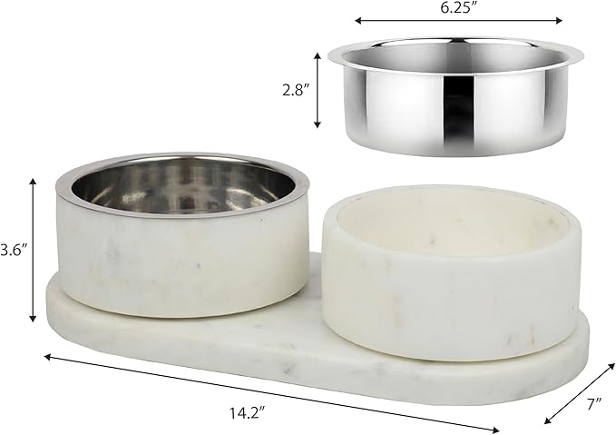 DBL1000B Marbre Small/Medium Modern Weighted Double Marble and Stainless Steel Bowl 12oz (1.5 Cups) Feeder with Non-Slip Marble Tray Set, White