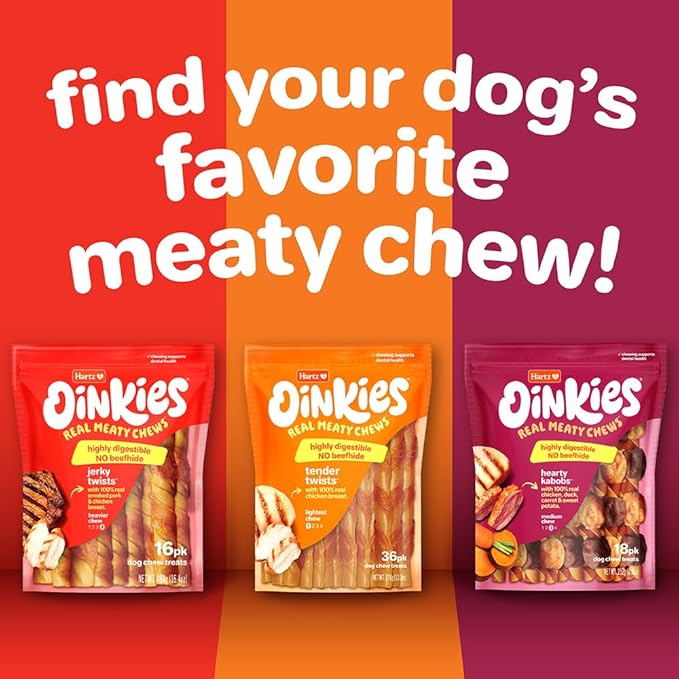 Hartz Oinkies Jerky Twists with Naturally Smoked Pork & Real Chicken Breast Dog Treats, Highly Digestible Long Lasting Dog Chews, 8 Count