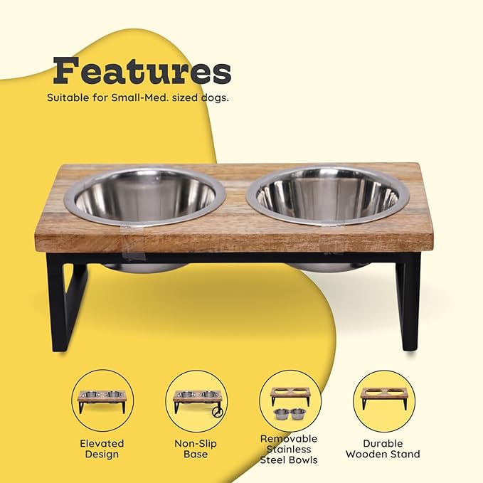 Elevated Dog Bowls, 4.5" Mango Raised Dog Bowl Iron Frame for Small-Med Dogs & Cats with 2 Pcs 32 oz Stainless Steel Pet Dishes, Food & Water 4Cup/0.95L Capacity Nonslip Feeding Station