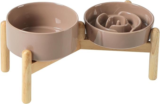 Ceramic 0.9 Cup Raised Slow Feeder Dog Bowl Set, Elevated 6.1inch Water Bowl and 6.1inch Slow Dish with Wooden Stand for Small Dogs(2 x Brown Coffee+ Stand)