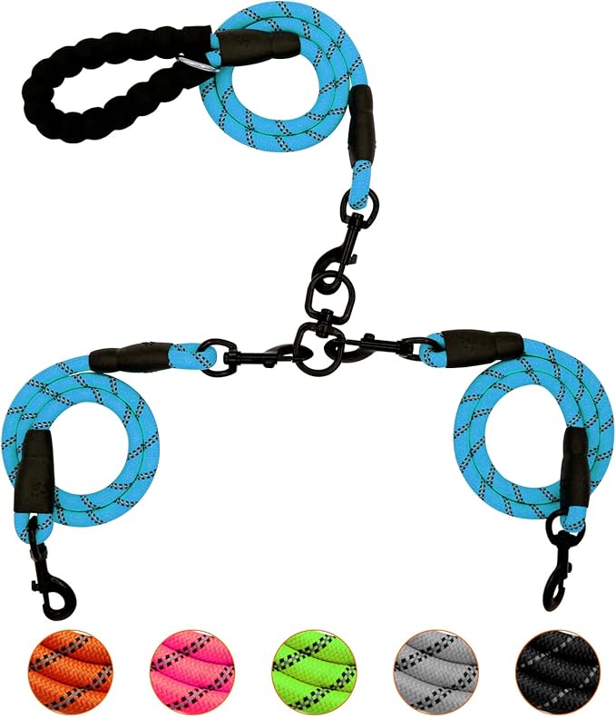 2 Way No Tangle Dog Leash - 360° Swivel Leash for Two Dogs, Reflective Design for Small Medium Large Dogs (Blue, 2 Way)