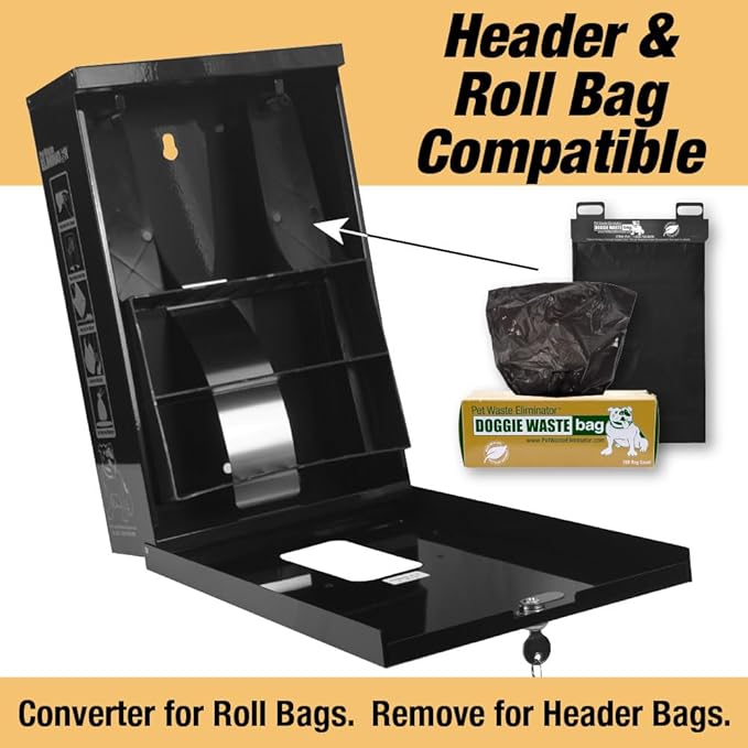 Dog Waste Bag Dispenser - Works with Header & Roll Bags - Outdoor Rustproof Aluminum with Lock & Rainguard - Ideal for HOAs, Apartments, Businesses, Parks (Black)