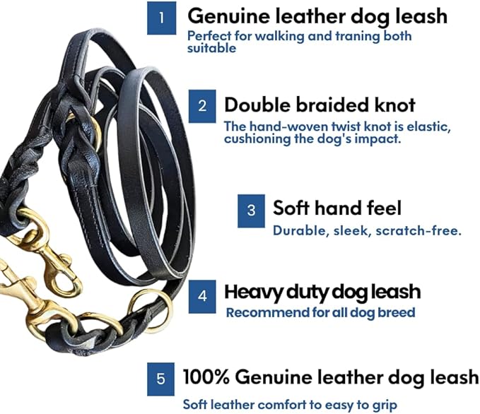 8 FT Multi-Function Leather Dog Leash, Genuine Leather Hands-Free Training Lead for Small Medium Large Dogs, Adjustable Long Leash for Walking, Hiking, Obedience Control (Black, 8 Ft)
