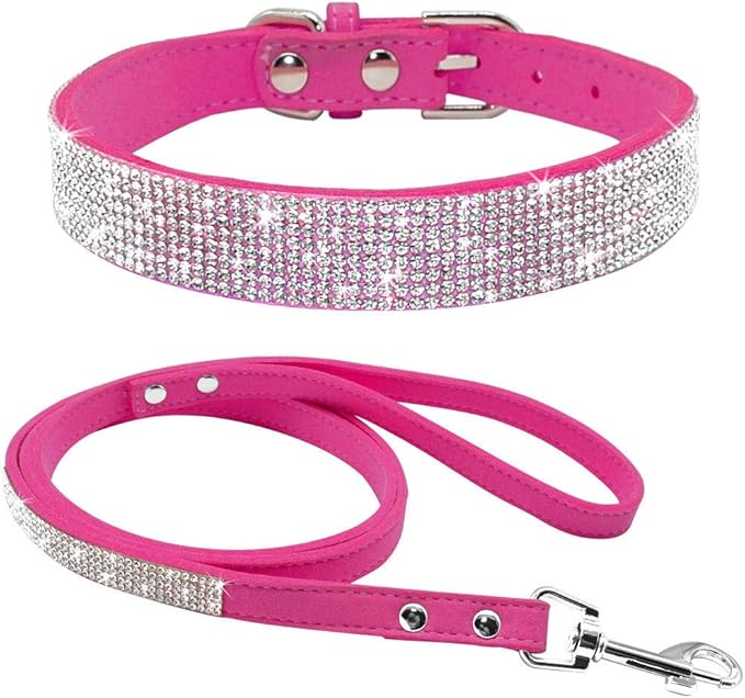 Cute Dazzling Sparkling Elegant Fancy Soft Suede Leather Bling Rhinestone Crystal Jeweled Pet Cat Dog Puppy Collar Dog Leash Combo Set (XXS(Neck 6-8"), Hot Pink)