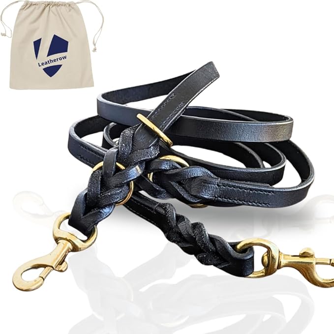 8 FT Multi-Function Leather Dog Leash, Genuine Leather Hands-Free Training Lead for Small Medium Large Dogs, Adjustable Long Leash for Walking, Hiking, Obedience Control (Black, 8 Ft)