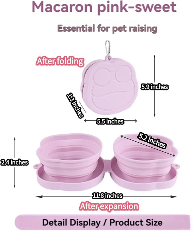 Large Dog Bowl Collapsible Dual Pet Bowl Flip Over Foldable Travel Food & Water Bowls for Dogs & Cats, Lightweight Portable 2-in-1 Double Feeder, 16.9 oz Each Bowl (Pink)