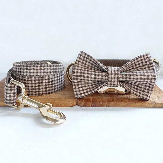 PETDURO Personalized Gingham Plaid Dog Collar Coffee - Engraved Name and Phone Number on Gold Metal Buckle - Custom for Small Medium Large Boy Girl Dogs - Add Leash Bow Tie via Customize Now