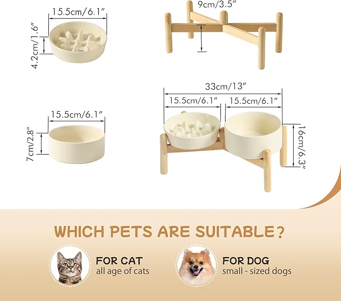 Ceramic 0.9 Cup Raised Slow Feeder Dog Bowl Set, Elevated 6.1inch Slow Dish and 6.1inch Water Bowl with Wooden Stand for Small Dogs (2 x Beige+ Stand)