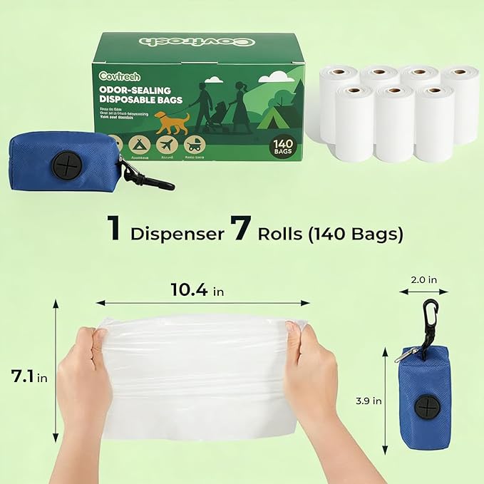 Odor-Sealing Dog Poop Bags with Dispenser, 140 Bags (7 Rolls) Unscented & Leak-Proof Poop Bags for Dog, Block Smells & Keeps Walks Fresh