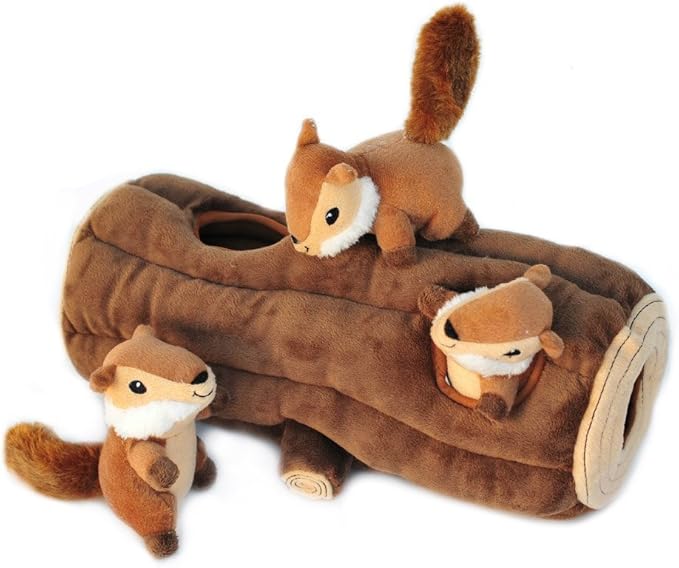 ZippyPaws Burrow- Interactive Dog & Puppy Toys for Boredom, Stimulating Pet Products to Keep them Busy, Hide & Seek Plush Dog Puzzles, Squeaky Toy for Enrichment, For Small & Medium Dogs- Chipmunk Log