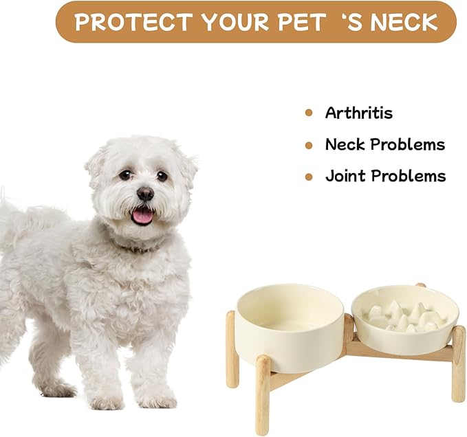 Ceramic 0.9 Cup Raised Slow Feeder Dog Bowl Set, Elevated 6.1inch Slow Dish and 6.1inch Water Bowl with Wooden Stand for Small Dogs (2 x Beige+ Stand)