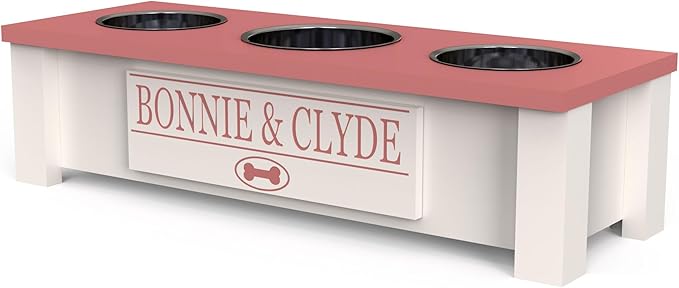 GTW Personalized Elevated Triple Dog Bowl Stand for Large, Medium, Small, X-Small Dogs - 3 Stainless Steel Food and Water Bowls - Raised Dog Dish with Internal Storage (Small, Pink)