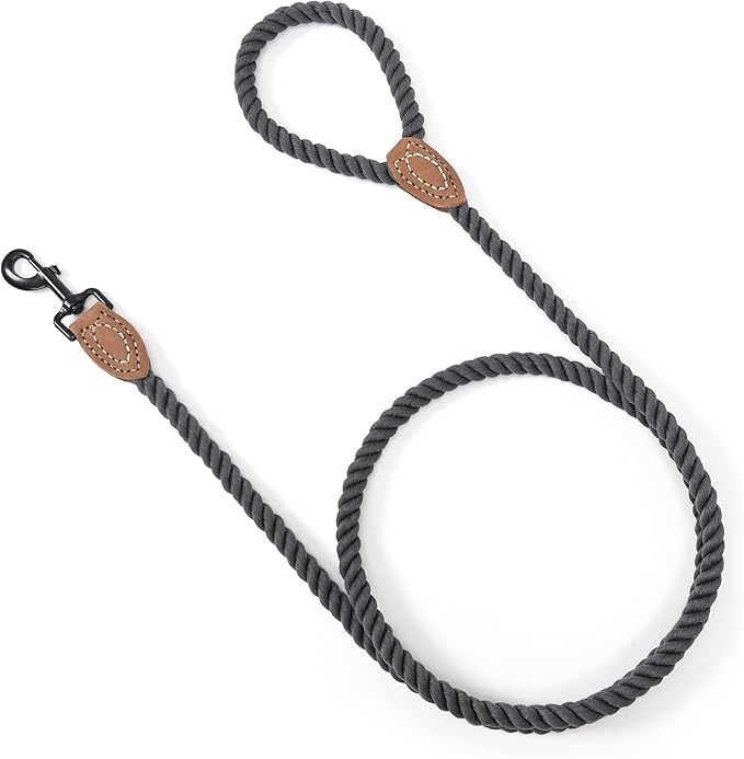 Mile High Life Dog Leash, Braided Cotton Rope Leashes with Leather Tailor Tip with Leather Tip - Heavy Duty Metal Clasp, 6FT, 1/2" Thick - Wedding, Walking for Medium Large Dogs(Dark Gray)