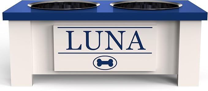 GTW Personalized Elevated Dog Bowl Stand for Large, Medium, Small, X-Small Dogs - Stainless Steel Food and Water Bowls - Raised Dog Dish with Internal Storage (Small, Blue)