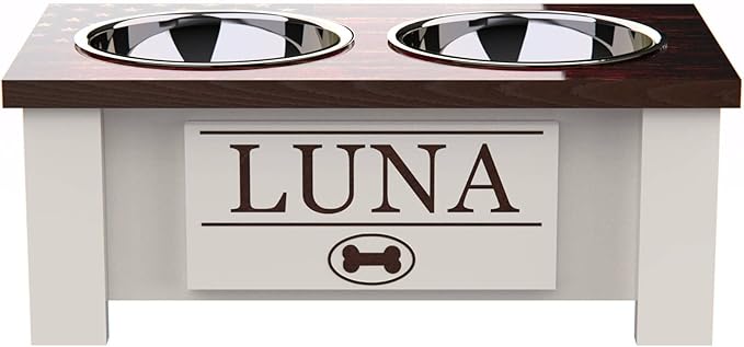 GTW Personalized Elevated Dog Bowl Stand for Large, Medium, Small, X-Small Dogs - Stainless Steel Food and Water Bowls - Raised Dog Dish with Internal Storage (Small, Flag Design)