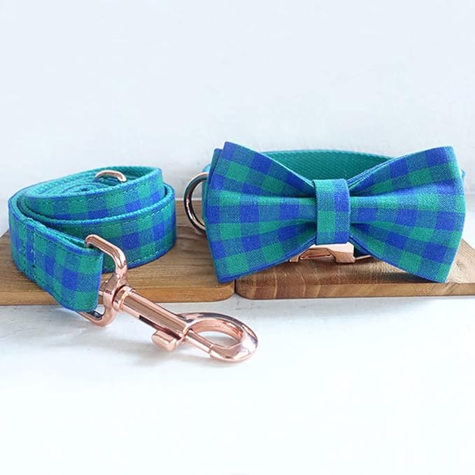 PETDURO Personalized Checkered Plaid Dog Collar Green Blue - Engraved Name and Phone Number on Gold Metal Buckle - Custom for Small Medium Large Boy Girl Dogs - Add Leash Bow Tie via Customize Now