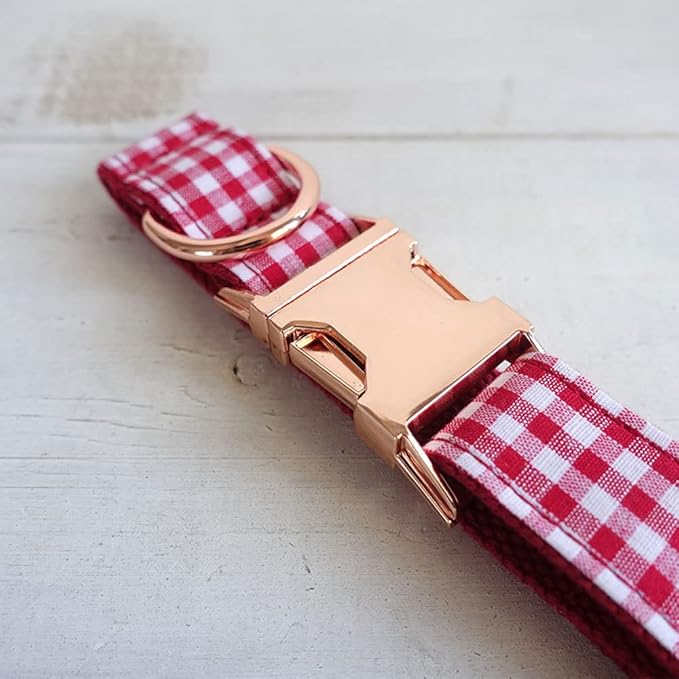 PETDURO Personalized Gingham Plaid Dog Collar Red - Engraved Name and Phone Number on Rose Gold Metal Buckle - Custom for Small Medium Large Boy Girl Dogs - Add Leash Bow Tie via Customize Now