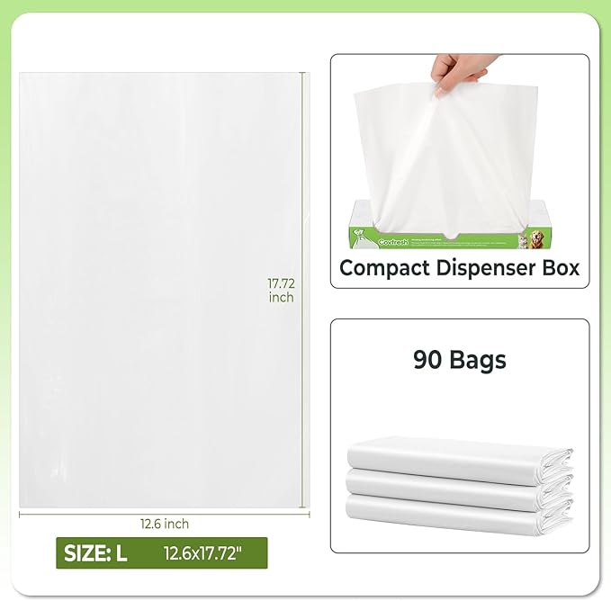 Odor Sealing Dog Poop Bag (90 Bags) Unscented & Durable Dog Waste Bags, Block Smells [Size:L, Color:White]