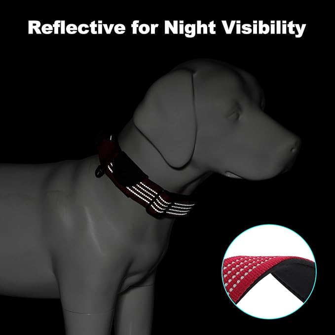 Plutus Pet Tactical Dog Collar with Tracker Pocket for AirTag, Adjustable Reflective Nylon Collar, Metal Buckle, Leather-Wrapped Handle, Soft Padded for Medium Large Dogs (Burgundy Red, S)