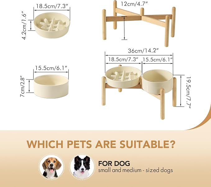 Ceramic 1.2 Cup Raised Slow Feeder Dog Bowl Set, Elevated 6.1inch Bowl and 7.3inch Slow Pet Food Dish with Wooden Stand for Small and Medium Dog (2 x Beige+ Stand)