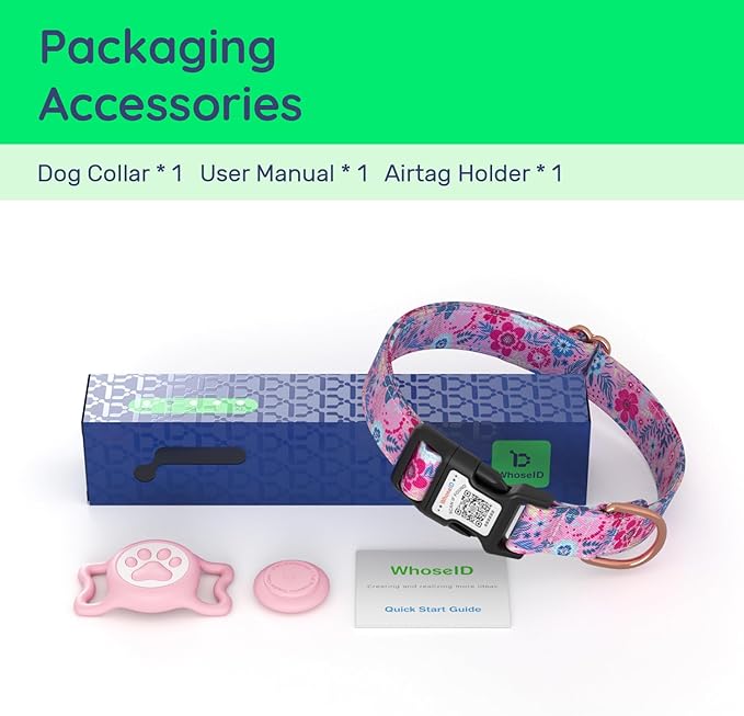 WhoseID Airtag Dog Collar,with Waterproof airtag Holder，Original Stylish Cute Pattern Design.QR Code ID Buckle，Comfortable Soft Cotton for Small Medium Large Dogs