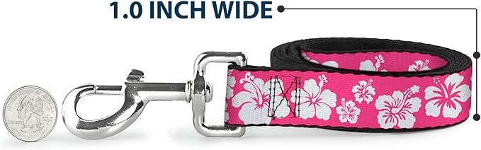 Dog Leash Hibiscus Neon Pink White 4 Feet Long 1.5 Inch Wide