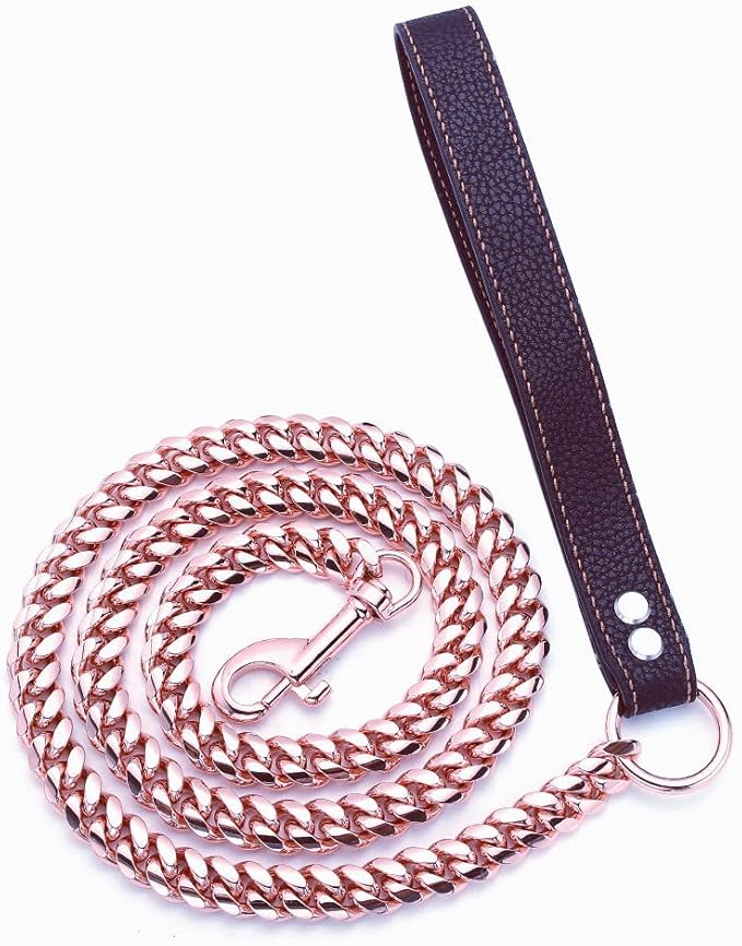 Rose Gold Dog Chain Leash 10MM 14MM Curb Cuban Link Chain Dog Leash Strong Chew Proof Stainless Steel Leash 3FT/4FT/5FT for Small Medium Large Dogs(14mm,4ft)…