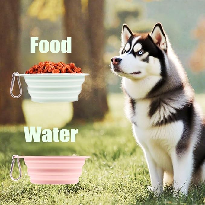 3-Pack Collapsible Dog Bowls - Non-Slip Silicone Pet Travel Bowls with Carabiner, Food-Grade Portable Feeder (5.11in Top/3.54in Base), Concentric Ring Texture - Green+Purple+Pink Set