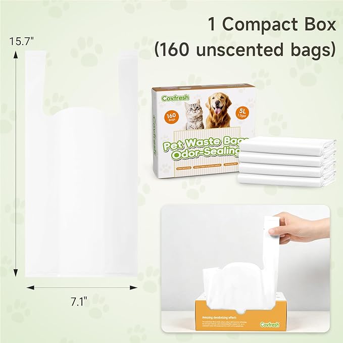 Odor-Sealing Dog Poop Bags with Handles 160 Count Pet Waste Bags, Large Capacity & Unscented Poop Bags for Dogs or Cat Litter, Conceals Smell & Mess (White)