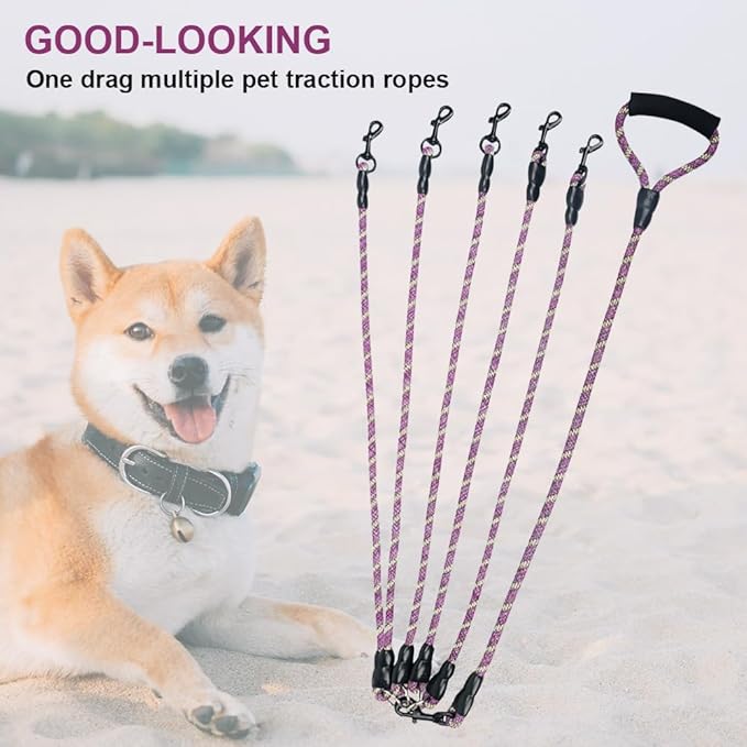 Dual Dog Leash 360° Tangle-Free - Reflective Heavy Duty, Comfortable Handle for Small/Medium/Large Dogs, Support Multiple Rope Addition (Purple 1, Five Leashes)